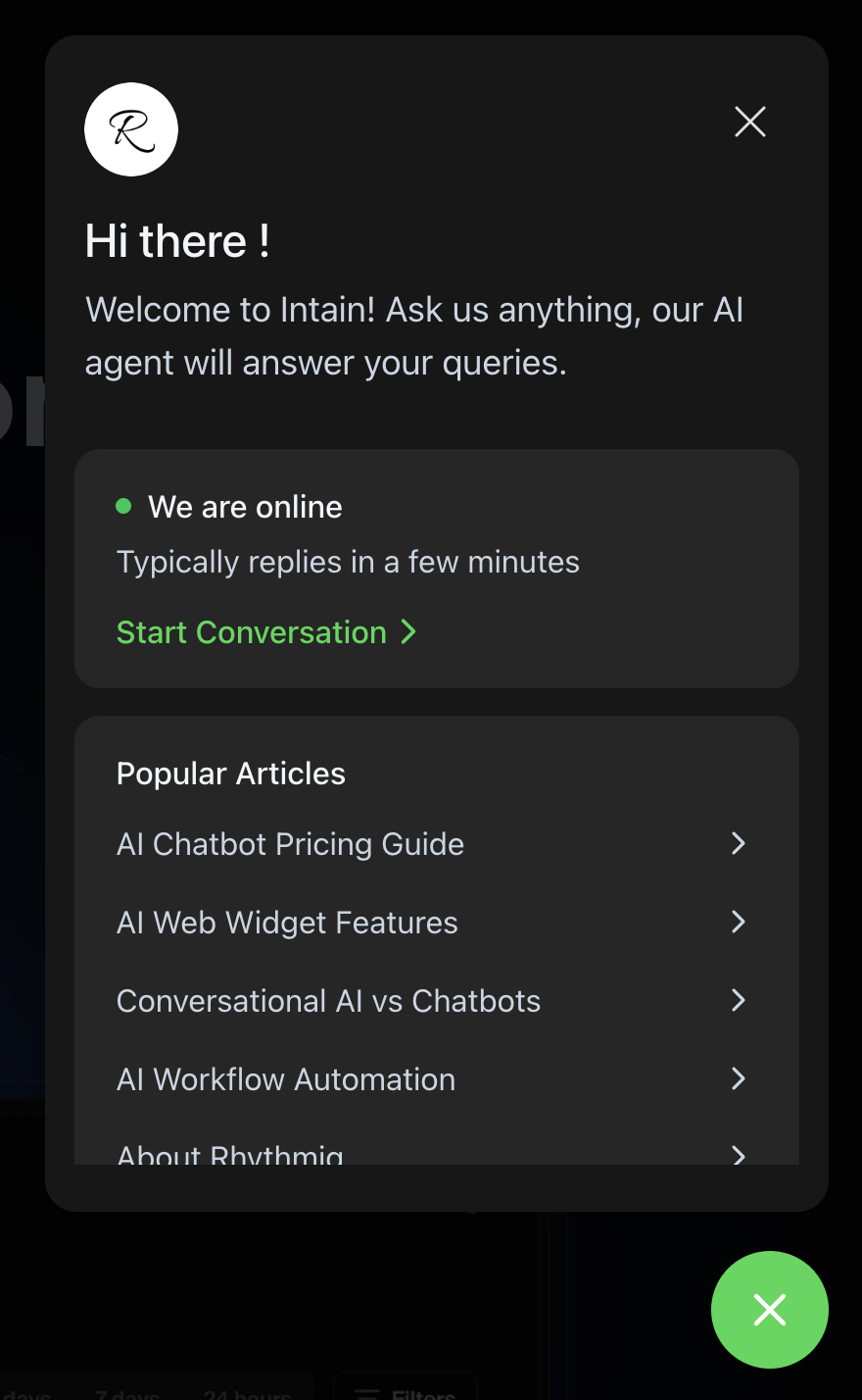 AI support chatbot, Answers website questions 24/7, hands the hard ones to a human.